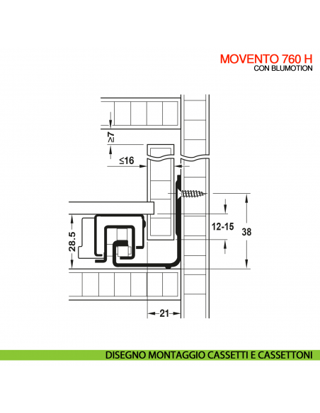 Guida per cassetto Blum Movento Blumotion 760H portata 40 kg estrazione totale ammortizzata