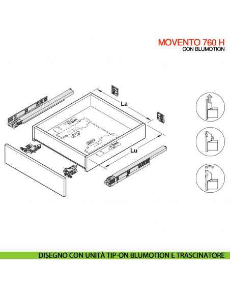 Guida per cassetto Blum Movento Blumotion 760H portata 40 kg estrazione totale ammortizzata