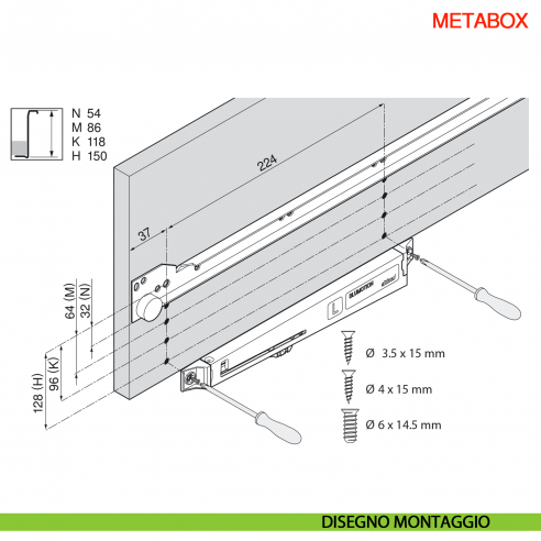 Ammortizzatore Blumotion Blum Metabox Z70.0320 per cassetto uscita parziale - disegno montaggio
