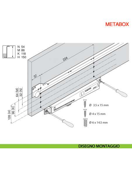 Ammortizzatore Blumotion Blum Metabox Z70.0320 per cassetto uscita parziale - disegno montaggio