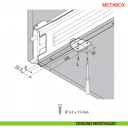 Ammortizzatore Blumotion Blum Metabox Z70.0320 per cassetto uscita parziale - disegno montaggio
