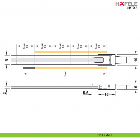 Strip LED COB Hafele Loox5 modello 3104 24 Volt 8 mm a 2 poli monocromatico 480 LED/m 9,6 W/m - disegno