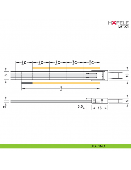 Strip LED COB Hafele Loox5 modello 3104 24 Volt 8 mm a 2 poli monocromatico 480 LED/m 9,6 W/m - disegno