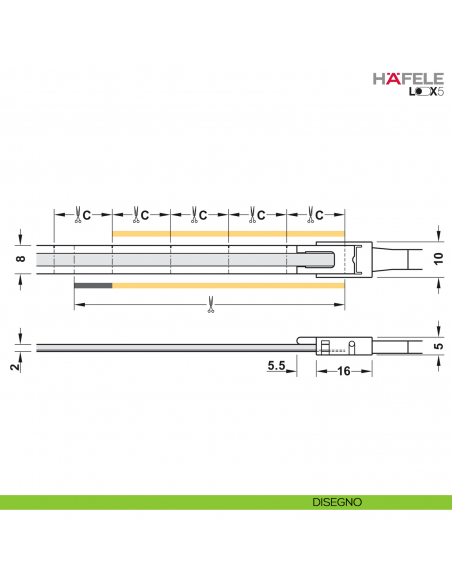 Strip LED COB Hafele Loox5 modello 3105 24 Volt 8 mm a 2 poli monocromatico 480 LED/m 14,4 W/m - disegno