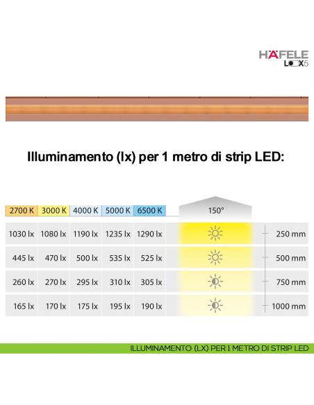 Strip LED COB Hafele Loox5 modello 3104 24 Volt 8 mm a 2 poli monocromatico 480 LED/m 9,6 W/m
