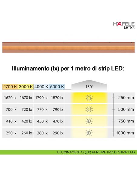 Strip LED COB Hafele Loox5 modello 3105 24 Volt 8 mm a 2 poli monocromatico 480 LED/m 14,4 W/m