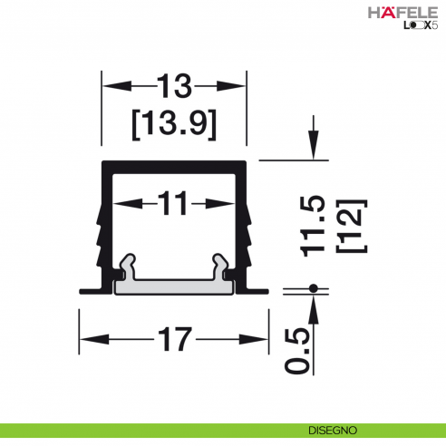 Profilo da incasso in alluminio nero anodizzato per strip LED fino a 8 mm Hafele Loox5 modello 1103 - disegno