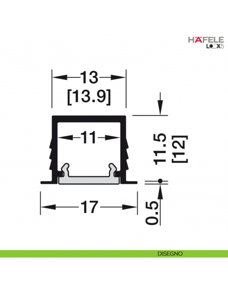 Profilo da incasso in alluminio nero anodizzato per strip LED fino a 8 mm Hafele Loox5 modello 1103 - disegno