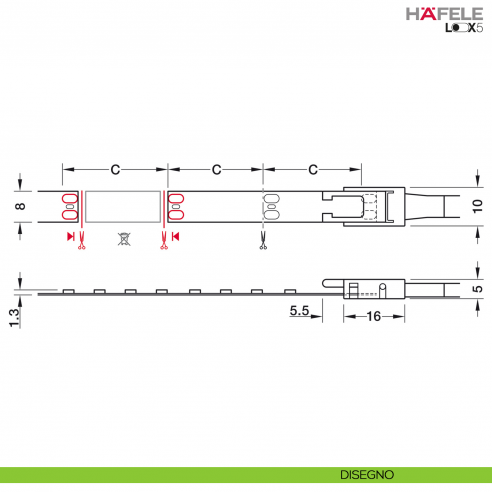 Strip LED Hafele Loox5 modello 3048 24 Volt 8 mm a 2 poli monocromatico 120 LED/m 14,4 W/m - disegno