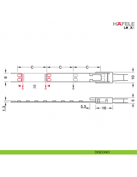 Strip LED Hafele Loox5 modello 3048 24 Volt 8 mm a 2 poli monocromatico 120 LED/m 14,4 W/m - disegno