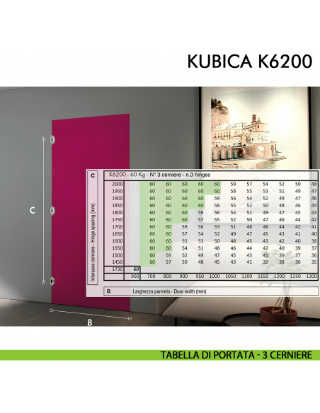 Cerniera a scomparsa per porta Koblenz K6200 cromo satinato - disegno portata 2 cerniere