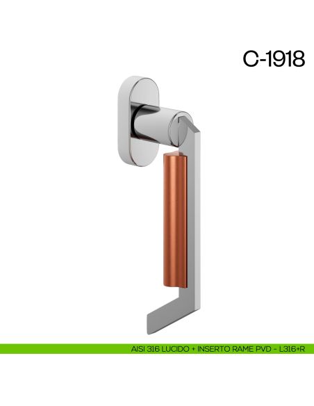 Maniglia per finestra martellina DK C-1918 dnd Aisi 316 lucido + inserto rame PVD