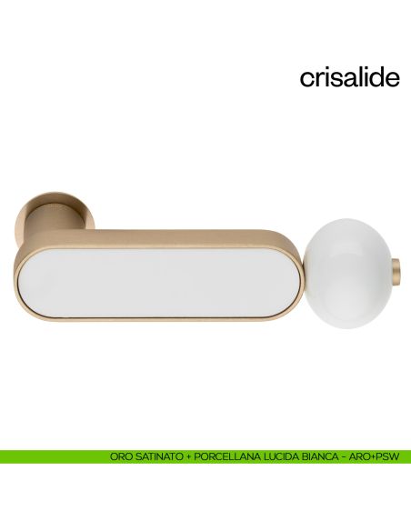 Maniglia per porta con porcellana Crisalide dnd handles con rosetta minimale Unico - oro satinato + porcellana lucida bianca