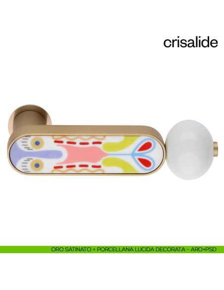 Maniglia per porta con porcellana Crisalide dnd handles con rosetta minimale Unico - oro satinato + porcellana lucida decorata