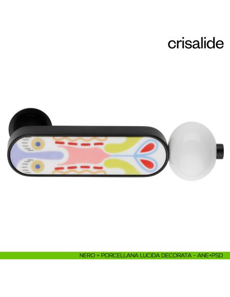 Maniglia per porta con porcellana Crisalide dnd handles con rosetta minimale Unico - nero + porcellana lucida decorata