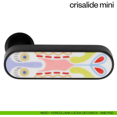 Maniglia per porta Crisalide con porcellana Mini dnd handles con rosetta minimale Unico - nero + porcellana lucida decorata