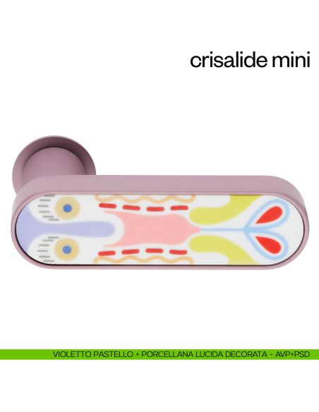 Maniglia per porta Crisalide  con porcellana Mini dnd handles con rosetta minimale Unico - violetto + porcellana lucida decorata
