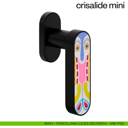 Maniglia per finestra martellina DK Crisalide Mini dnd porcellana - nero + porcellana lucida decorata