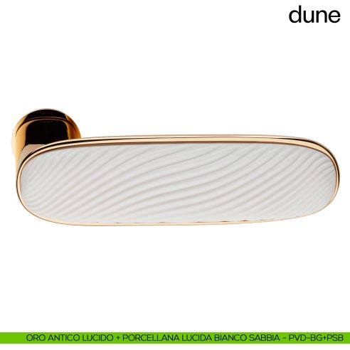 Maniglia per porta Dune dnd handles con porcellana lucida bianco sabbia con rosetta minimale Unico - oro antico lucido