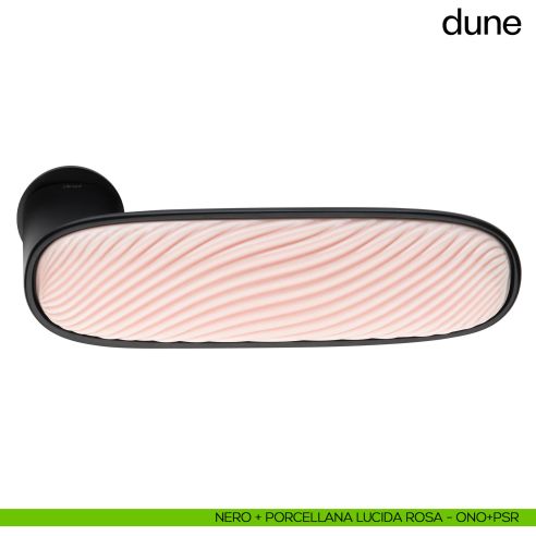 Maniglia per porta Dune dnd handles con porcellana lucida rosa nuvola con rosetta minimale Unico nero + porcellana lucida rosa