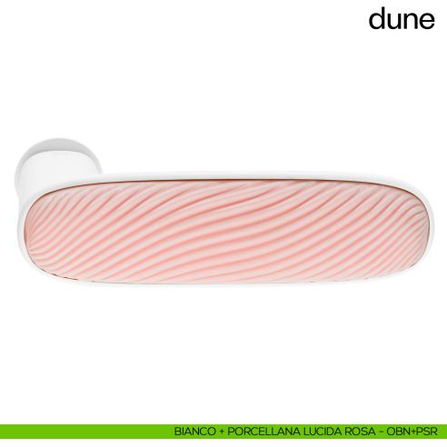 Maniglia per porta Dune dnd handles con porcellana lucida rosa nuvola con rosetta minimale Unico bianco + porcellana lucida rosa