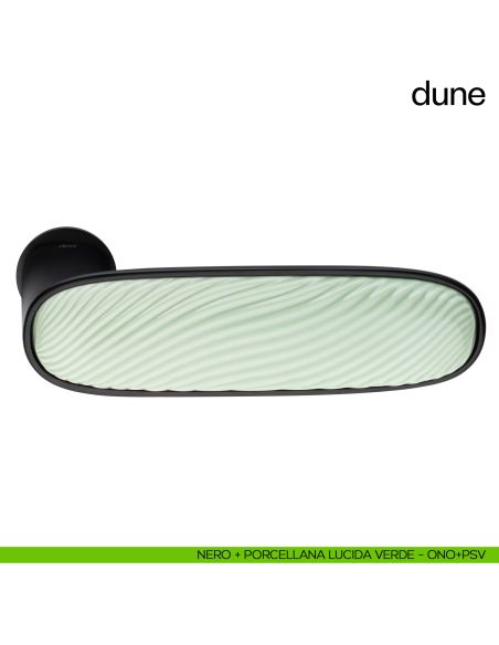 Maniglia per porta Dune dnd handles con porcellana lucida verde menta con rosetta minimale Unico nero + porcellana lucida verde