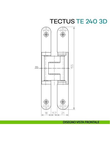 Cerniera a scomparsa regolabile per porta Simonswerk Tectus TE 240 3D - disegno vista frontale