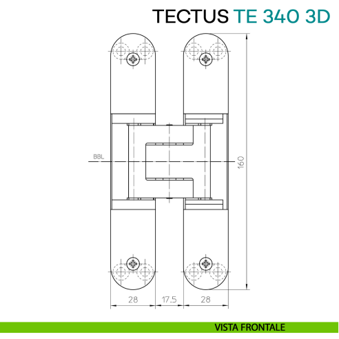Cerniera a scomparsa regolabile per porta Simonswerk Tectus TE 340 3D - disegno vista frontale