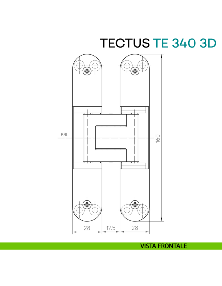Cerniera a scomparsa regolabile per porta Simonswerk Tectus TE 340 3D - disegno vista frontale