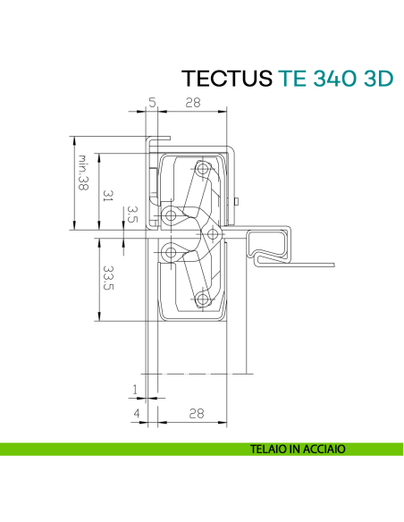 Cerniera a scomparsa regolabile per porta Simonswerk Tectus TE 340 3D - disegno telaio in acciaio