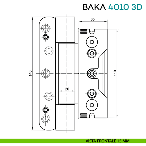 Cerniera da incasso per porta di ingresso con battuta Simonswerk Baka Protect 4010 3D - disegno vista frontale 15 mm