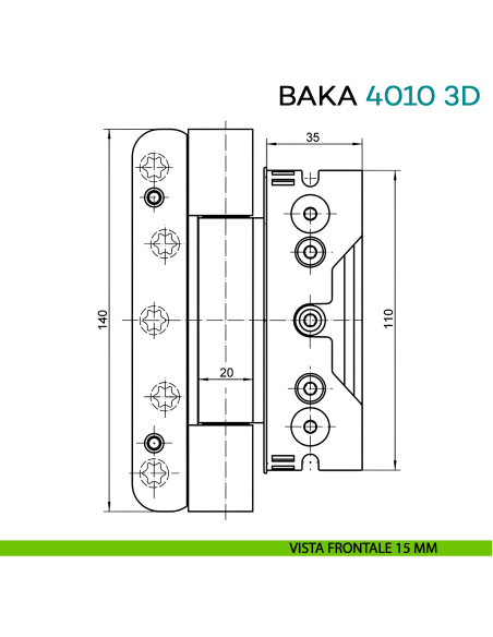 Cerniera da incasso per porta di ingresso con battuta Simonswerk Baka Protect 4010 3D - disegno vista frontale 15 mm