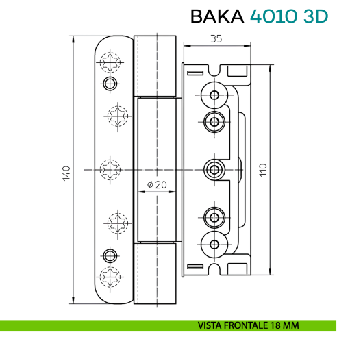 Cerniera da incasso per porta di ingresso con battuta Simonswerk Baka Protect 4010 3D - disegno vista frontale 18 mm