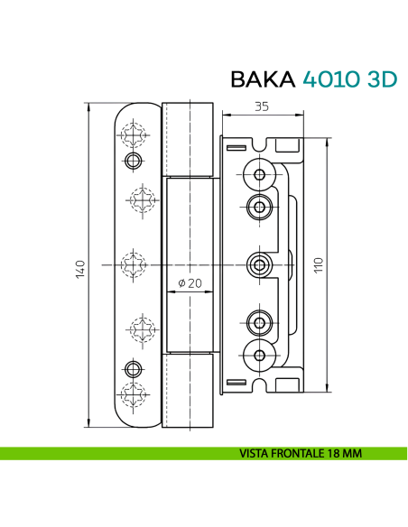 Cerniera da incasso per porta di ingresso con battuta Simonswerk Baka Protect 4010 3D - disegno vista frontale 18 mm