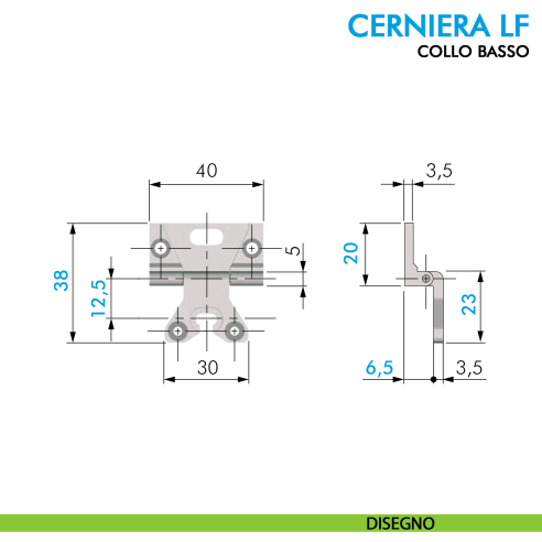 Cerniera LF per mobile collo basso ottonata 40x38 mm - disegno