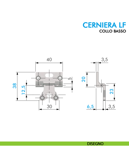 Cerniera LF per mobile collo basso ottonata 40x38 mm - disegno