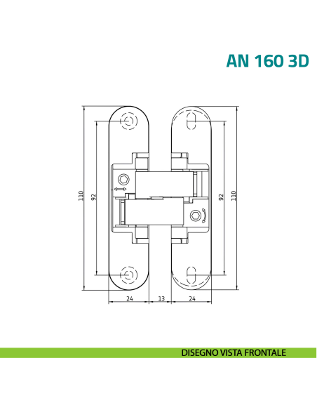 Cerniera a scomparsa regolabile per porta Anselmi AN 160 3D - disegno vista frontale