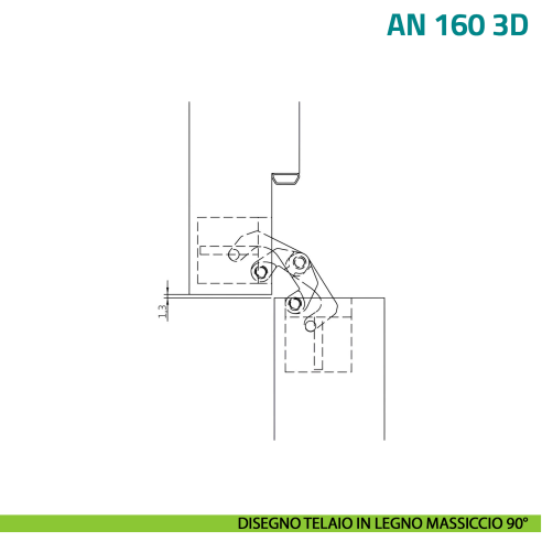 Cerniera a scomparsa regolabile per porta Anselmi AN 160 3D - disegno telaio in legno massiccio 90°