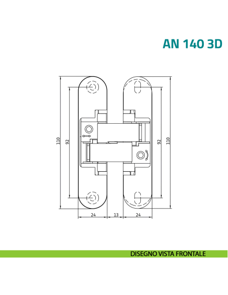 Cerniera a scomparsa regolabile per porta Anselmi AN 140 3D - disegno vista frontale