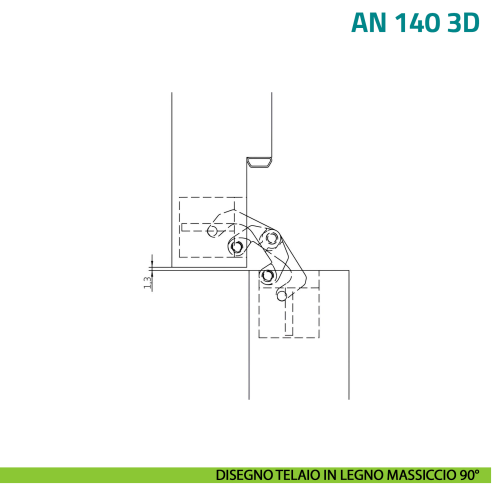 Cerniera a scomparsa regolabile per porta Anselmi AN 140 3D - disegno telaio in legno massiccio 90°
