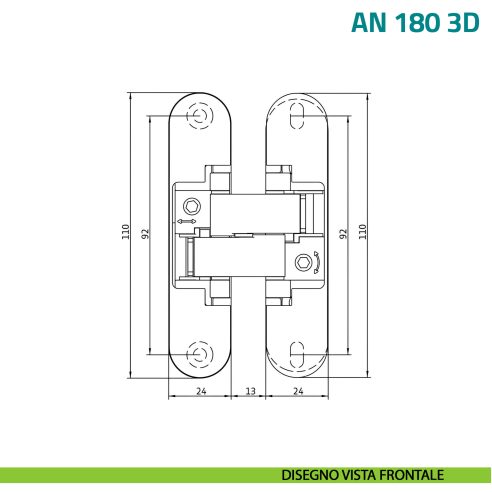 Cerniera a scomparsa regolabile per porta Anselmi AN 180 3D - disegno vista frontale