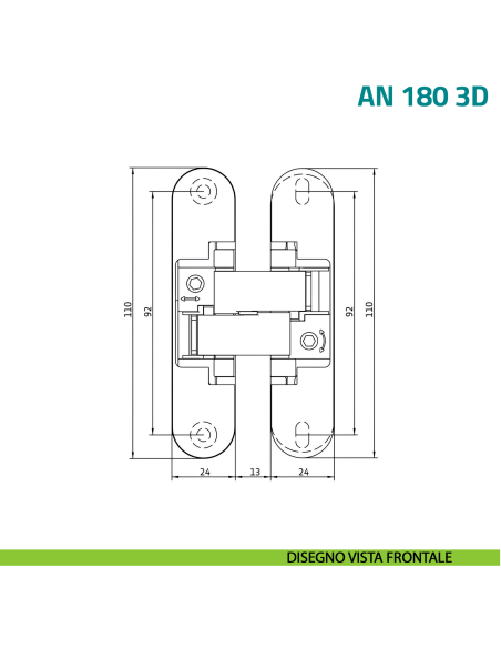 Cerniera a scomparsa regolabile per porta Anselmi AN 180 3D - disegno vista frontale