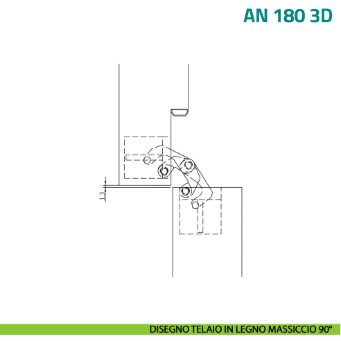 Cerniera a scomparsa regolabile per porta Anselmi AN 180 3D - disegno telaio in legno massiccio 90°