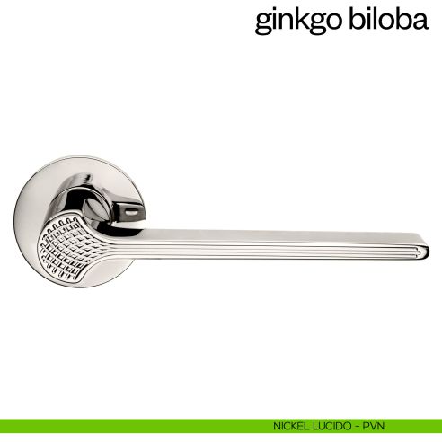 Maniglia per porta Ginkgo Biloba dnd Handles con rosetta fine nickel lucido