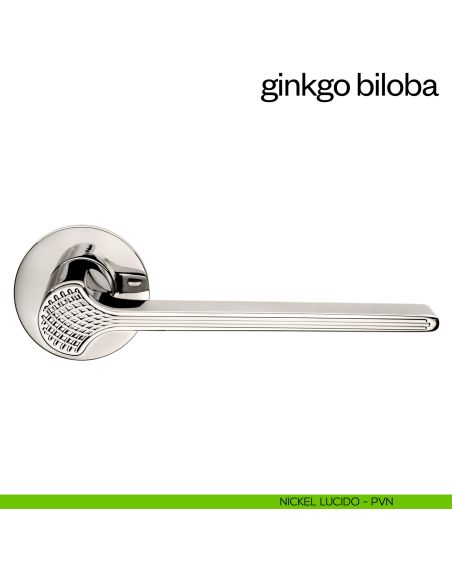 Maniglia per porta Ginkgo Biloba dnd Handles con rosetta fine nickel lucido