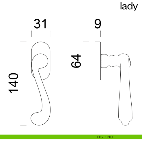 Maniglia per finestra martellina DK Lady dnd Handles disegno