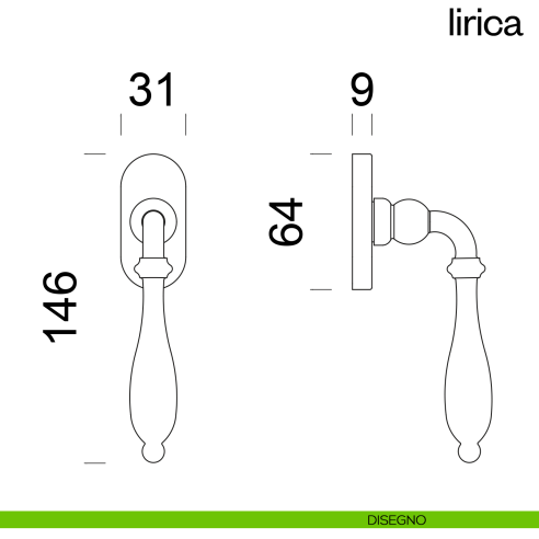 Maniglia per finestra martellina DK Lirica dnd Handles disegno