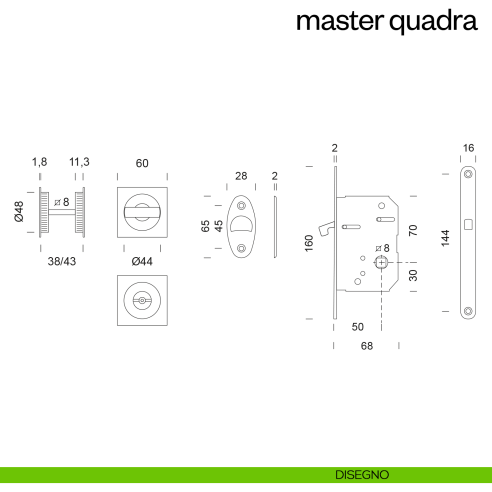Maniglia incasso Master Quadra con nottolino e serratura dnd disegno