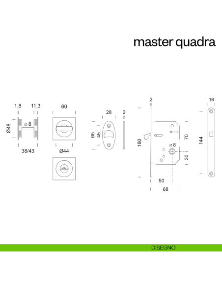 Maniglia incasso Master Quadra con nottolino e serratura dnd disegno