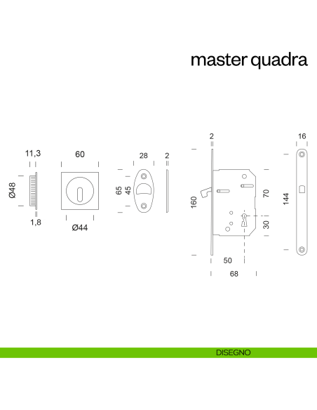 Maniglia incasso Master Quadra con foro chiave e serratura dnd disegno